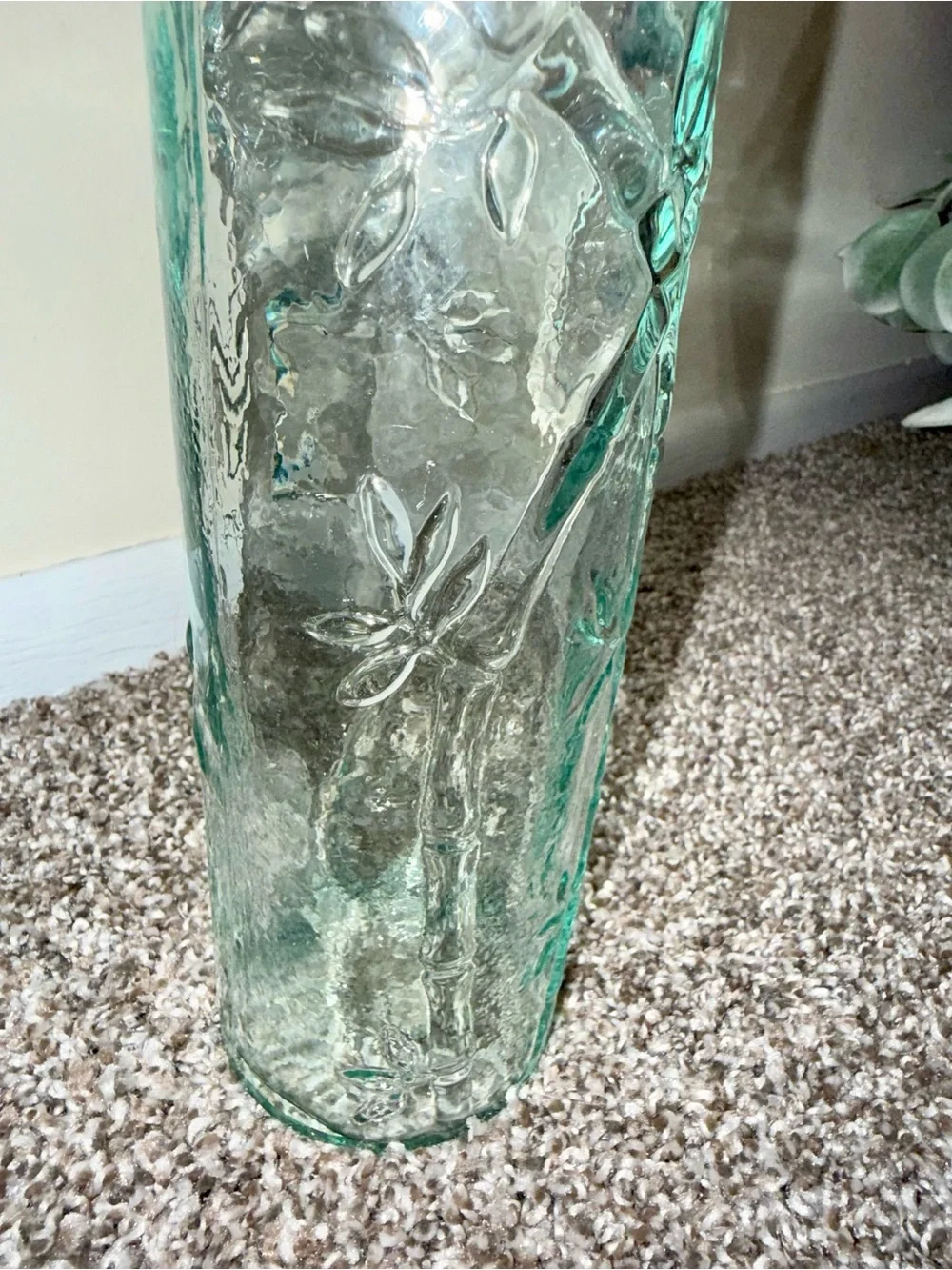 Tell green/aqua color glass bottle daisy flowers and vines pattern 11” height